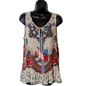Bila Sleeveless Boho Hippie Cream Print Loose Fit Top Size Medium
